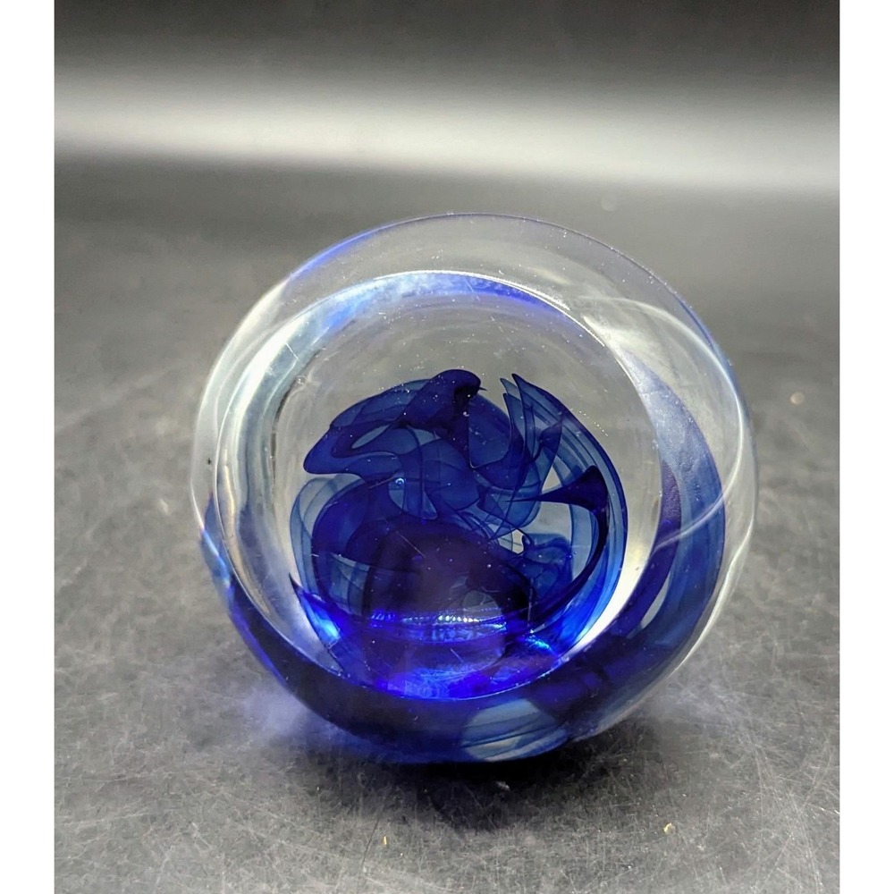 Vintage Robert Deeble Art Glass Blue Swirl Paperweight Signed 3.5" Faceted
